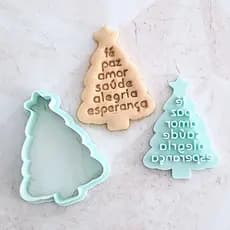 Cortador de Biscoito e Carimbo Árvore de Natal Fé, Paz, Amor e Esperança