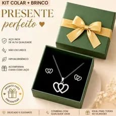 Kit Presente Colar e Brinco Dourado| Não Escurece| Hipoalergênico |Caixa com Laço| Aço Inoxidável| Feminino