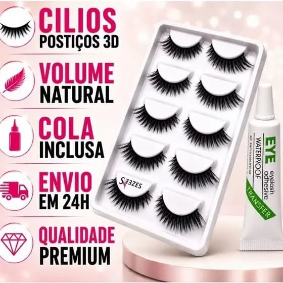 Kit 5 Pares Cílios Postiços Realista 3D | Cola Inclusa | Volume Natural