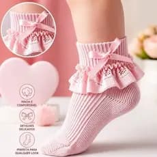 Kit 1 ou 2 Pares| Meia Infantil Menina com Renda e Laço | Meia Princesa Bebê | Meia Social Batizado Festa Aniversário