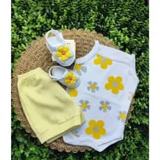 Conjunto Sandália Com Body Flor E Short Bebe Menina Mesversário Estampado Verão 100% Suedine