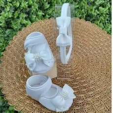 Sapatinho de bebê Com Tiara De Laço - Sapatilha Boneca Feminina Batizado