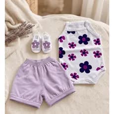 Conjunto Sandália Com Body Flor E Short Bebe Menina Mesversário Estampado Verão 100% Suedine