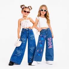 Calça Wide Leg Infantil Jeans Stitch Estampado Laser e Pintura Calça Jeans Infantil Feminina Moda Blogueirinha Tendência