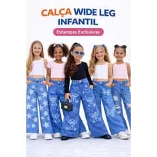 Calça Jeans Infantil Menina Wide Leg Tam 2 ao 16 Estampada Coração Estrela Stitch Destroyed Moda Blogueirinha