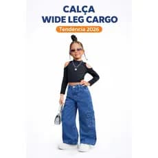Calça Wide Leg Infantil Cargo Jeans Bolso Lateral Moda Blogueirinha Tendência 2026 Menina Tam 2 ao 16