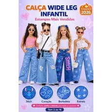 Calça Wide Leg Infantil Jeans Estampada Stitch Coração Borboleta Estrela Blogueirinha ou Lisa Destroyed Tendência 2026