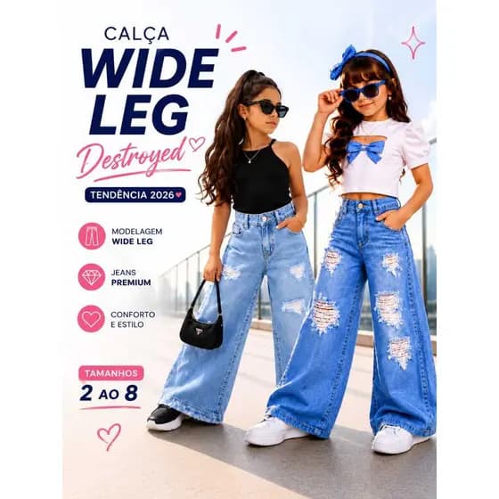 Calça Wide Leg Infantil Menina Jeans Destroyed Moda Blogueirinha Tam 2 ao 8
