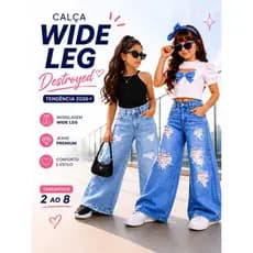 Calça Wide Leg Infantil Menina Jeans Destroyed Moda Blogueirinha Tam 2 ao 8