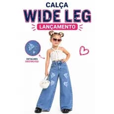 Calça Wide Leg Infantil Menina Jeans Destroyed Blogueirinha Fashion Estilosa Tam 2 ao 8