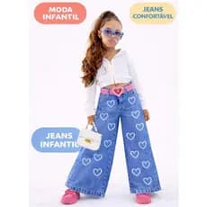 Calça Jeans Infantil Wide Leg Estampa Coração Calça Jeans Menina Moda Blogueirinha Ajustável
