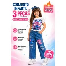 Conjunto Infantil Feminino 3 Peças Calça + Blusa + Cinto Stitch Minnie Hello Kitty Moda Blogueirinha Tendência 2026