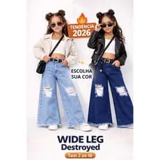 Calça Jeans Infantil Wide Leg Destroyed Clara e Escura Moda Blogueirinha Tendência 2026 Tam 2 ao 16