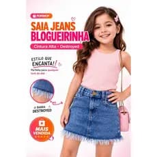 Saia Jeans Infantil 2 ao 8 Moda Blogueirinha Barra Desfiada Estilosa Confortável Tendência 2026