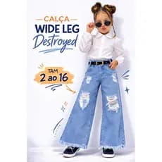Calça Jeans Infantil Menina Wide Leg Destroyed Moda Blogueirinha Tam 2 ao 8 Tendência 2026