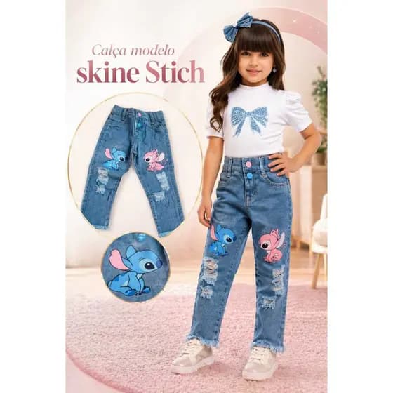 Calça Jeans Infantil Skinny Estampada Personagens Menina Linda Confortável Blogueirinha Tendência 2026 Pronta Entrega