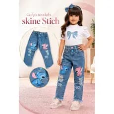 Calça Jeans Infantil Skinny Estampada Personagens Menina Linda Confortável Blogueirinha Tendência 2026 Pronta Entrega