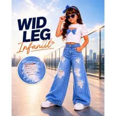 Calça Wide Leg Infantil Jeans Menina Destroyed Blogueirinha Fashion Tam 2 ao 8