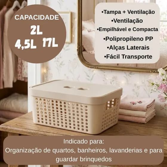 Cestos Organizadores Armazenar Kit 3 cestos tamanho 2 L 4,5L E 17L Tampa Praticidade Multiuso Cores