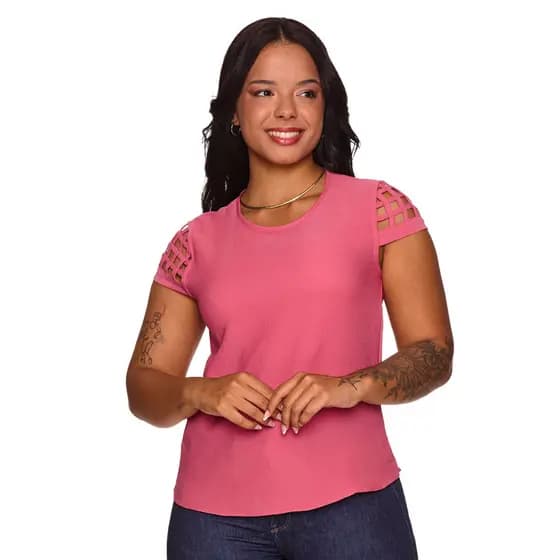 Kit3 Pçs Blusinha De Crepe Feminina Detalhes Na Manga Curta Moda Verão