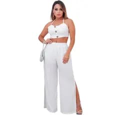 Conjunto Cropped + Calça Pantalona Fendas Laterais Feminino