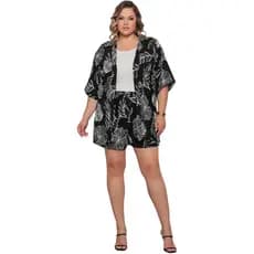 Conjunto Feminina Plus Size (Kimono+Short) Cintura Com Elastica Estampada Verão