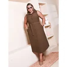 Vestido Longa Plus Size Feminina Com Botão Fechamento e Laço Na Cintura Tecido Sensorial
