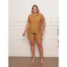 Conjunto Feminina Plus Size Short Blusa Com Bolso e Manga Curto Modas Verão