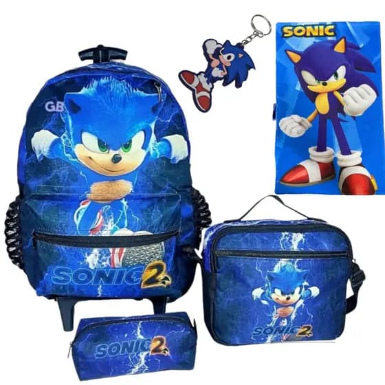 Kit Mochila Rodinha SONIC Menino Escolar com Lancheira Térmica, Estojo + Toalha e Chaveiro