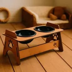 Comedouro Bebedouro em Mdf Elevado Duplo Pet Gato Cachorro Com Tigelas - Pets de Pequeno Porte