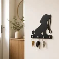 Porta Chaves Cachorro Decoração Mdf Preto de Parede 20x20cm com 4 Ganchos