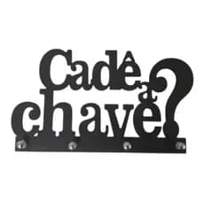 Porta Chaves Decorativo de Parede Cadê a Chave em MDF Preto Fosco 3mm com 4 Suportes