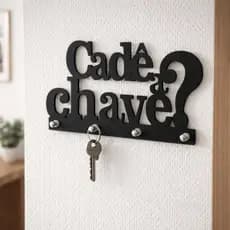 Porta Chaves de Parede Cadê a Chave Decoração MDF Preto 20x10cm com 4 Suportes