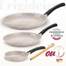 Jogo 3 Frigideiras Antiaderente Teflonada Bege, Cinza Vermelha + 1 Utensílio de Silicone