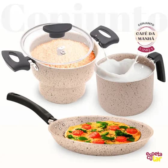Conjunto Cafe da Manha Cuscuzeiro Leiteira Panquequeira Frigideira Antiaderente 3 Peças