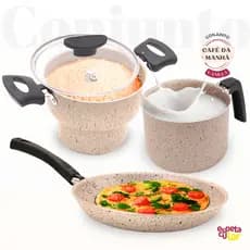Conjunto Cafe da Manha Cuscuzeiro Leiteira Panquequeira Frigideira Antiaderente 3 Peças