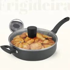 Frigideira Alta Funda 24 cm Antiaderente Teflon Teflonada com Tampa de Vidro Vermelha e Cinza