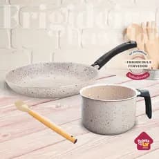 Jogo de Frigideira Panquequeira + Leiteira Fervedor antiaderente Teflonada Bege, Cinza e Vermelho