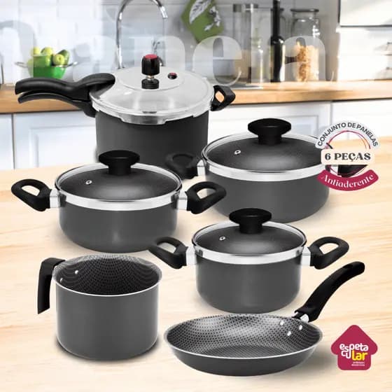 Conjunto Panelas Caçarola + Leiteira + Frigideira + Panela de Pressão 4,5  Antiaderente 6Pçs