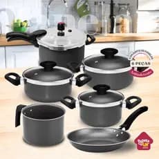 Conjunto Panelas Caçarola + Leiteira + Frigideira + Panela de Pressão 4,5  Antiaderente 6Pçs