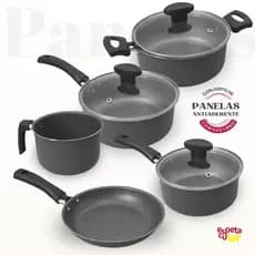Conjunto de Panelas Caçarolas Caneco Frigideira Panquequeira Teflonada Antiaderente 5 Peças