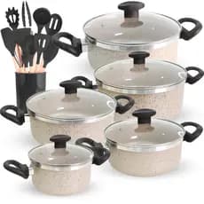 Jogo Panelas Antiaderente + Kit de Utensílios  Bege Cinza Vermelha Cozinha Completa 17 Peças
