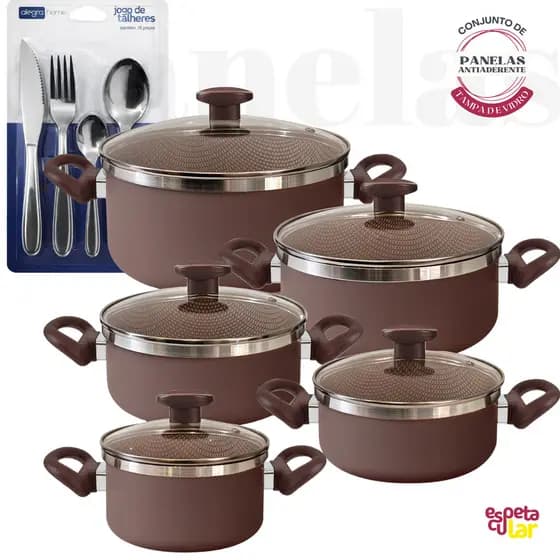 Kit Cozinha Completo Panelas Antiaderente + Jogo de Talheres Inox 16 Peças