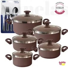 Kit Cozinha Completo Panelas Antiaderente + Jogo de Talheres Inox 16 Peças