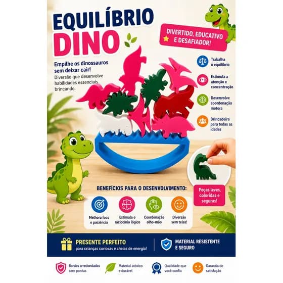 Brinquedo Educativo Equilíbrio Dino Montessori | Jogo de Empilhar Dinossauros | Coordenação Motora e Atenção Infantil.