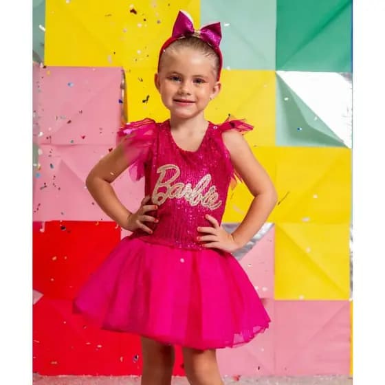 Fantasia Barbie Infantil Rosa Luxo com Saia Tule + Tiara Vestido Barbie Menina Fantasia Festa Aniversário Carnaval