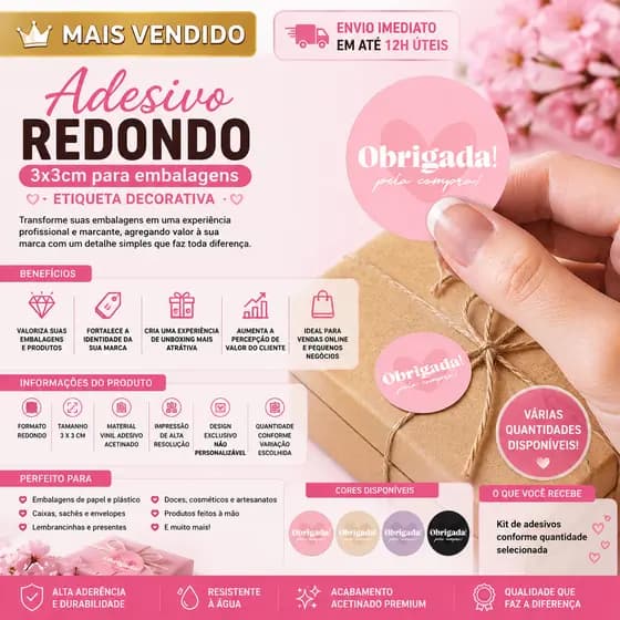 Adesivo para embalagem 3x3 redondo etiqueta obrigada pela compra - para seda caixa