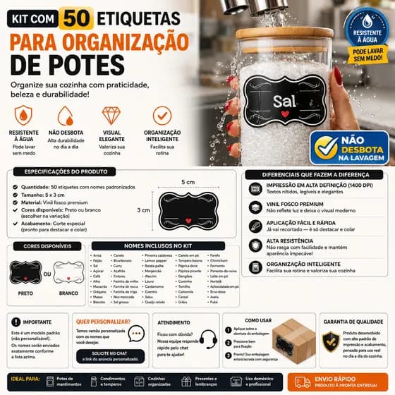 50 Etiquetas para Potes Cozinha Vinil Impermeável Não Desbota Lavável Organização Mantimentos