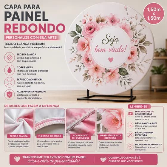 Capa Painel Redondo 150x150 Tecido com Elástico Personalizada Festa Foto Time Logo