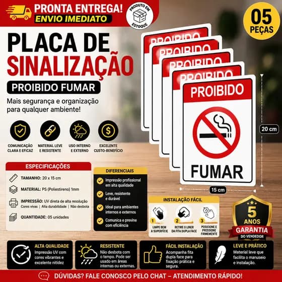 Placa Proibido Fumar 20x15cm 5 peças Impressão UV Sinalização Ambiente Sem Fumo